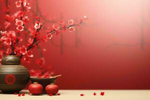 Chinese new year background with traditional lanterns, sakura flowers and copy space. Lunar new year concept by AI Generated photo