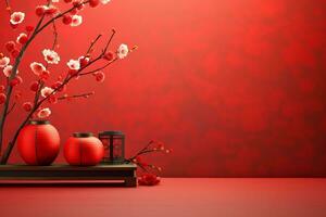 Chinese new year background with traditional lanterns, sakura flowers and copy space. Lunar new year concept by AI Generated photo