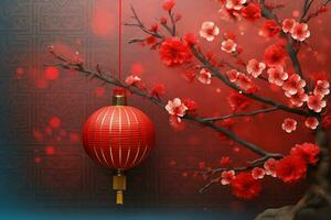 Chinese new year background with traditional lanterns, sakura flowers and copy space. Lunar new year concept by AI Generated photo