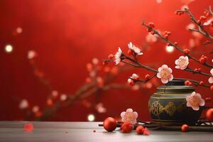 Chinese new year background with traditional lanterns, sakura flowers and copy space. Lunar new year concept by AI Generated photo