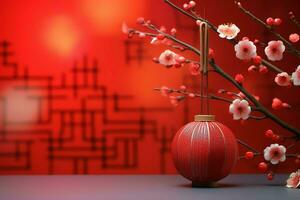 Chinese new year background with traditional lanterns, sakura flowers and copy space. Lunar new year concept by AI Generated photo