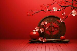 Chinese new year background with traditional lanterns, sakura flowers and copy space. Lunar new year concept by AI Generated photo