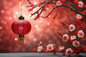 Chinese new year background with traditional lanterns, sakura flowers and copy space. Lunar new year concept by AI Generated photo