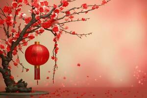 Chinese new year background with traditional lanterns, sakura flowers and copy space. Lunar new year concept by AI Generated photo