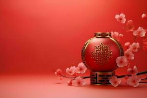 Chinese new year background with traditional lanterns, sakura flowers and copy space. Lunar new year concept by AI Generated photo