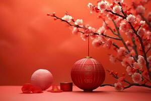 Chinese new year background with traditional lanterns, sakura flowers and copy space. Lunar new year concept by AI Generated photo