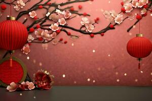 Chinese new year background with traditional lanterns, sakura flowers and copy space. Lunar new year concept by AI Generated photo