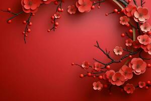 Chinese new year background with traditional lanterns, sakura flowers and copy space. Lunar new year concept by AI Generated photo