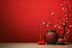 Chinese new year background with traditional lanterns, sakura flowers and copy space. Lunar new year concept by AI Generated photo