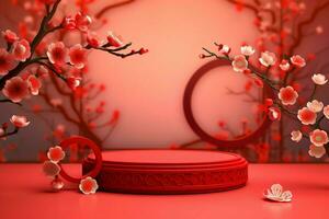 Chinese new year background with traditional lanterns, sakura flowers and copy space. Lunar new year concept by AI Generated photo