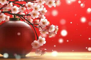 Chinese new year background with traditional lanterns, sakura flowers and copy space. Lunar new year concept by AI Generated photo