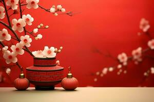 Chinese new year background with traditional lanterns, sakura flowers and copy space. Lunar new year concept by AI Generated photo