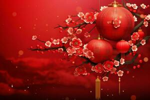 Chinese new year background with traditional lanterns, sakura flowers and copy space. Lunar new year concept by AI Generated photo