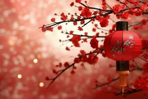 Chinese new year background with traditional lanterns, sakura flowers and copy space. Lunar new year concept by AI Generated photo