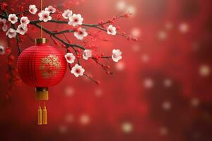 Chinese new year background with traditional lanterns, sakura flowers and copy space. Lunar new year concept by AI Generated photo