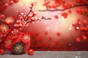 Chinese new year background with traditional lanterns, sakura flowers and copy space. Lunar new year concept by AI Generated photo