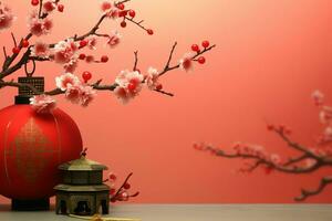 Chinese new year background with traditional lanterns, sakura flowers and copy space. Lunar new year concept by AI Generated photo