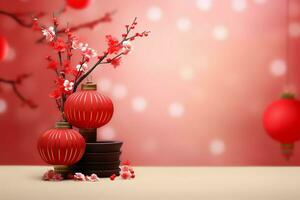 Chinese new year background with traditional lanterns, sakura flowers and copy space. Lunar new year concept by AI Generated photo