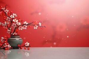 Chinese new year background with traditional lanterns, sakura flowers and copy space. Lunar new year concept by AI Generated photo