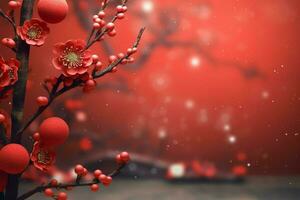 Chinese new year background with traditional lanterns, sakura flowers and copy space. Lunar new year concept by AI Generated photo