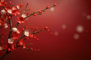 Chinese new year background with traditional lanterns, sakura flowers and copy space. Lunar new year concept by AI Generated photo