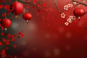 Chinese new year background with traditional lanterns, sakura flowers and copy space. Lunar new year concept by AI Generated photo