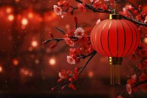 Chinese new year background with traditional lanterns, sakura flowers and copy space. Lunar new year concept by AI Generated photo