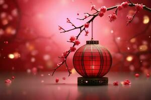 Chinese new year background with traditional lanterns, sakura flowers and copy space. Lunar new year concept by AI Generated photo
