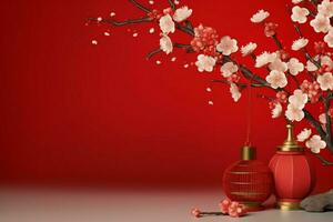 Chinese new year background with traditional lanterns, sakura flowers and copy space. Lunar new year concept by AI Generated photo
