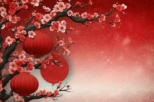 Chinese new year background with traditional lanterns, sakura flowers and copy space. Lunar new year concept by AI Generated photo