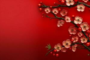 Chinese new year background with traditional lanterns, sakura flowers and copy space. Lunar new year concept by AI Generated photo