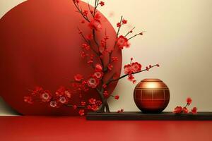 Chinese new year background with traditional lanterns, sakura flowers and copy space. Lunar new year concept by AI Generated photo