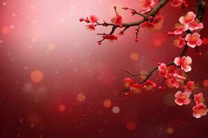 Chinese new year background with traditional lanterns, sakura flowers and copy space. Lunar new year concept by AI Generated photo