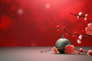 Chinese new year background with traditional lanterns, sakura flowers and copy space. Lunar new year concept by AI Generated photo