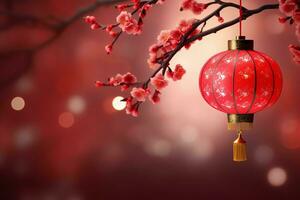 Chinese new year background with traditional lanterns, sakura flowers and copy space. Lunar new year concept by AI Generated photo