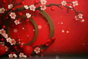 Chinese new year background with traditional lanterns, sakura flowers and copy space. Lunar new year concept by AI Generated photo