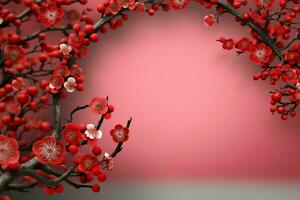 Chinese new year background with traditional lanterns, sakura flowers and copy space. Lunar new year concept by AI Generated photo