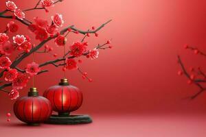 Chinese new year background with traditional lanterns, sakura flowers and copy space. Lunar new year concept by AI Generated photo