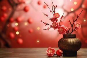 Chinese new year background with traditional lanterns, sakura flowers and copy space. Lunar new year concept by AI Generated photo