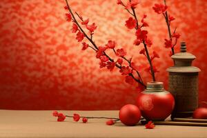 chino nuevo año antecedentes con tradicional linternas, sakura flores y Copiar espacio. lunar nuevo año concepto por ai generado foto