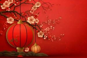 Chinese new year background with traditional lanterns, sakura flowers and copy space. Lunar new year concept by AI Generated photo