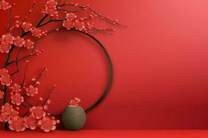 Chinese new year background with traditional lanterns, sakura flowers and copy space. Lunar new year concept by AI Generated photo