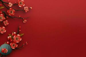 Chinese new year background with traditional lanterns, sakura flowers and copy space. Lunar new year concept by AI Generated photo