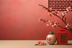 Chinese new year background with traditional lanterns, sakura flowers and copy space. Lunar new year concept by AI Generated photo