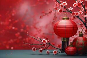 Chinese new year background with traditional lanterns, sakura flowers and copy space. Lunar new year concept by AI Generated photo