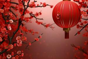 Chinese new year background with traditional lanterns, sakura flowers and copy space. Lunar new year concept by AI Generated photo