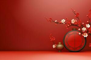 Chinese new year background with traditional lanterns, sakura flowers and copy space. Lunar new year concept by AI Generated photo