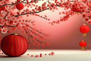 Chinese new year background with traditional lanterns, sakura flowers and copy space. Lunar new year concept by AI Generated photo