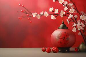 Chinese new year background with traditional lanterns, sakura flowers and copy space. Lunar new year concept by AI Generated photo