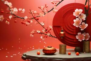 Chinese new year background with traditional lanterns, sakura flowers and copy space. Lunar new year concept by AI Generated photo